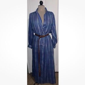Vintage 70s Sultana By Adini India Blue Ombré Gold Metallic Caftan Maxi Dress OS